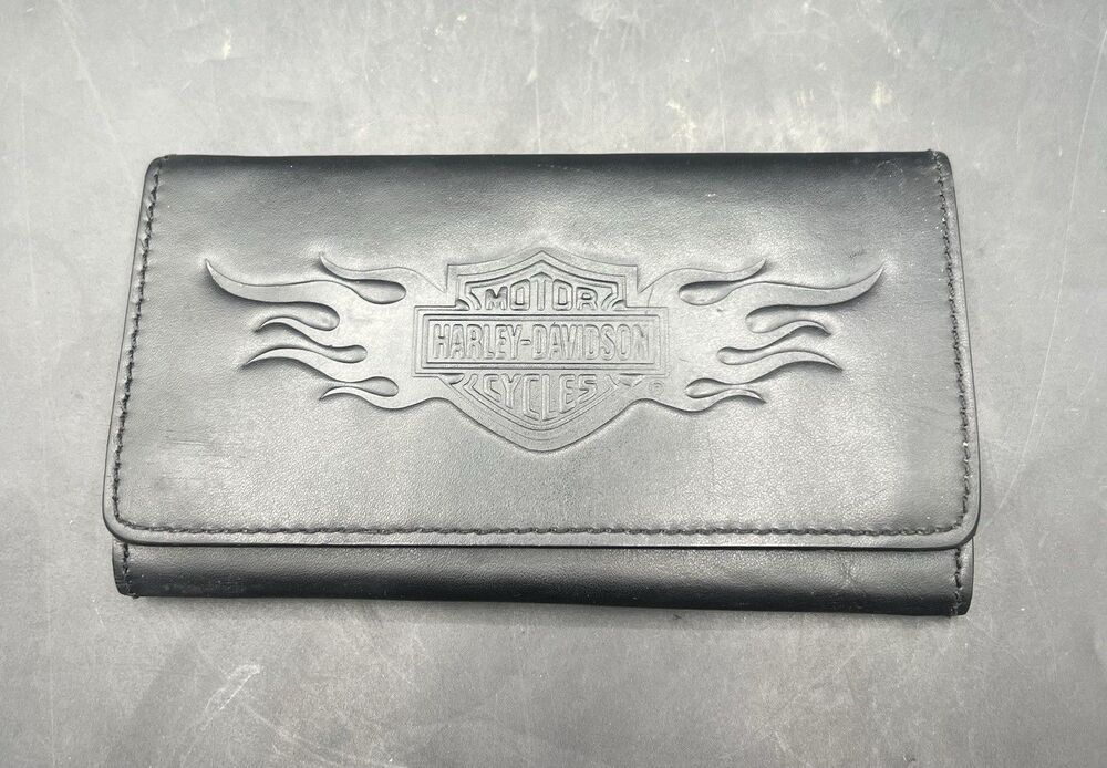 Harley-Davidson 99447-06V Flames Leather Tri-Fold Biker Wallet Black Full Grain